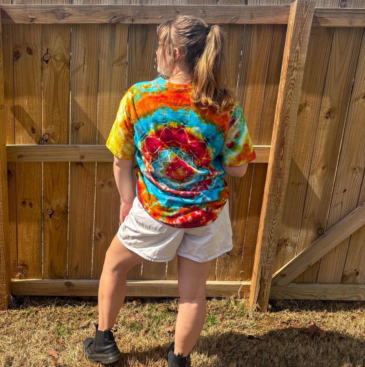 Unisex Blue, Red, and Orange Hand-Dyed Tie Dye T-shirt - 100% Cotton - XL