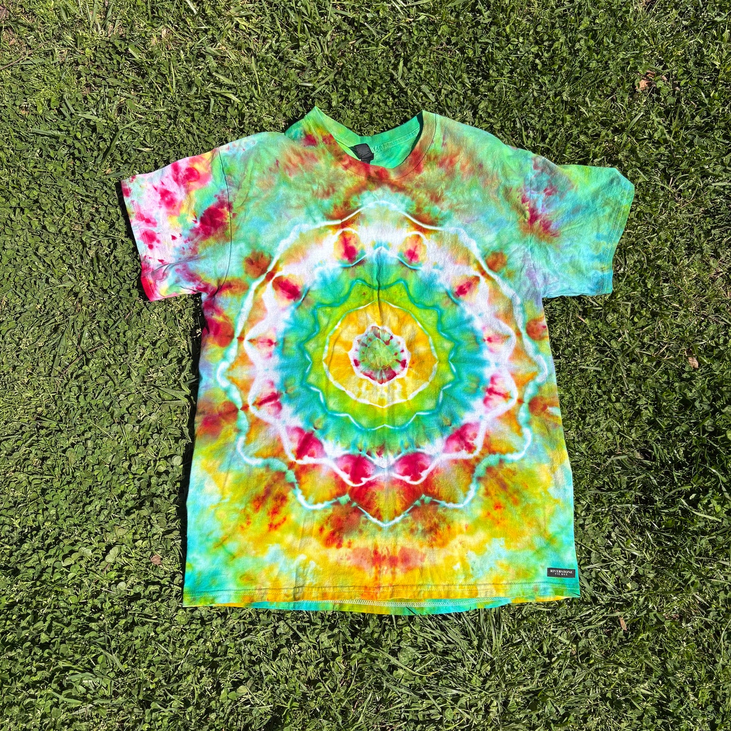 Unisex Green, Yellow, and Pink Hand-Dyed Tie Dye T-shirt - 100% Cotton