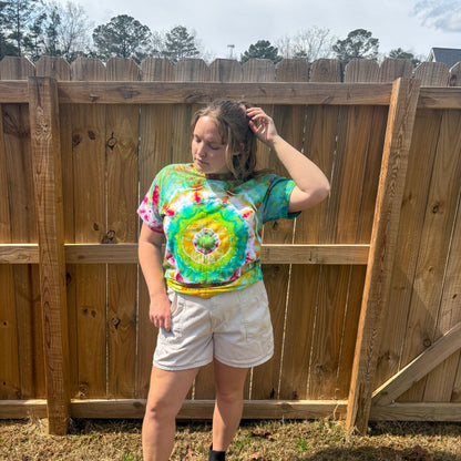 Unisex Green, Yellow, and Pink Hand-Dyed Tie Dye T-shirt - 100% Cotton - L