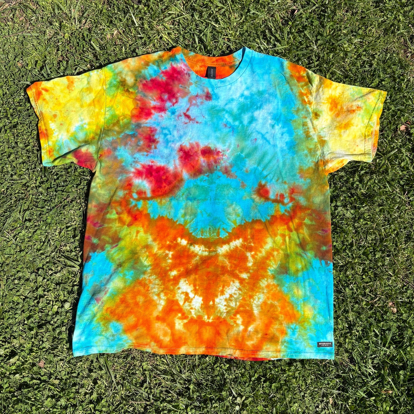 Unisex Blue, Red, and Orange Hand-Dyed Tie Dye T-shirt - 100% Cotton - XL