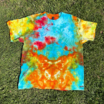 Unisex Blue, Red, and Orange Hand-Dyed Tie Dye T-shirt - 100% Cotton - XL