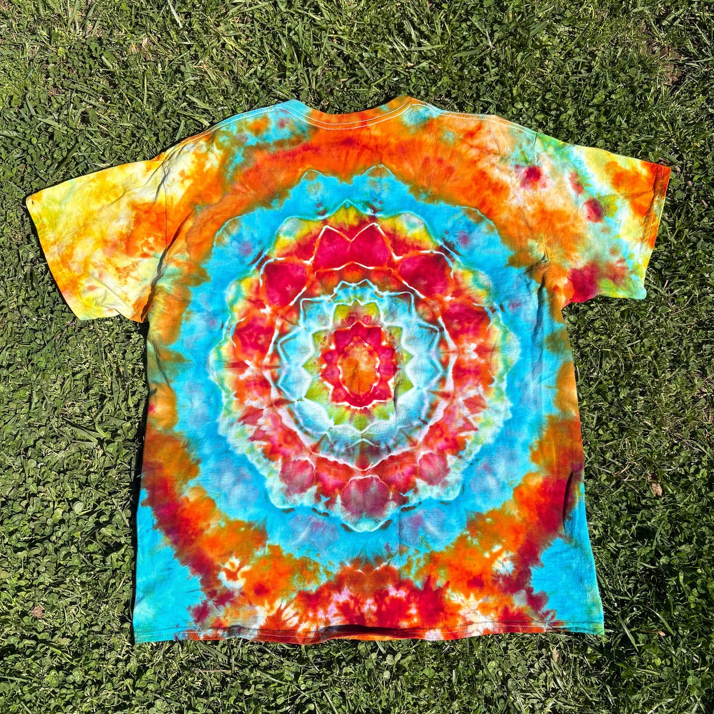 Unisex Blue, Red, and Orange Hand-Dyed Tie Dye T-shirt - 100% Cotton - XL