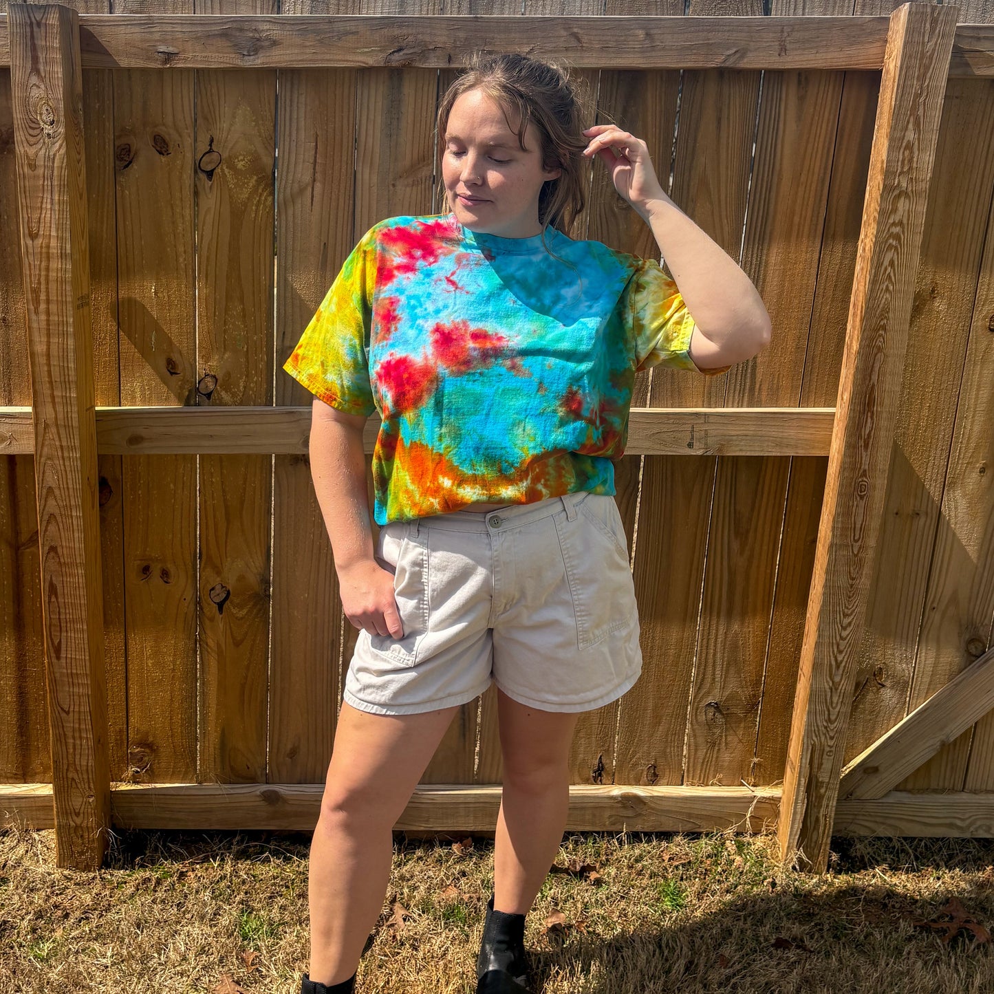 Unisex Blue, Red, and Orange Hand-Dyed Tie Dye T-shirt - 100% Cotton - XL