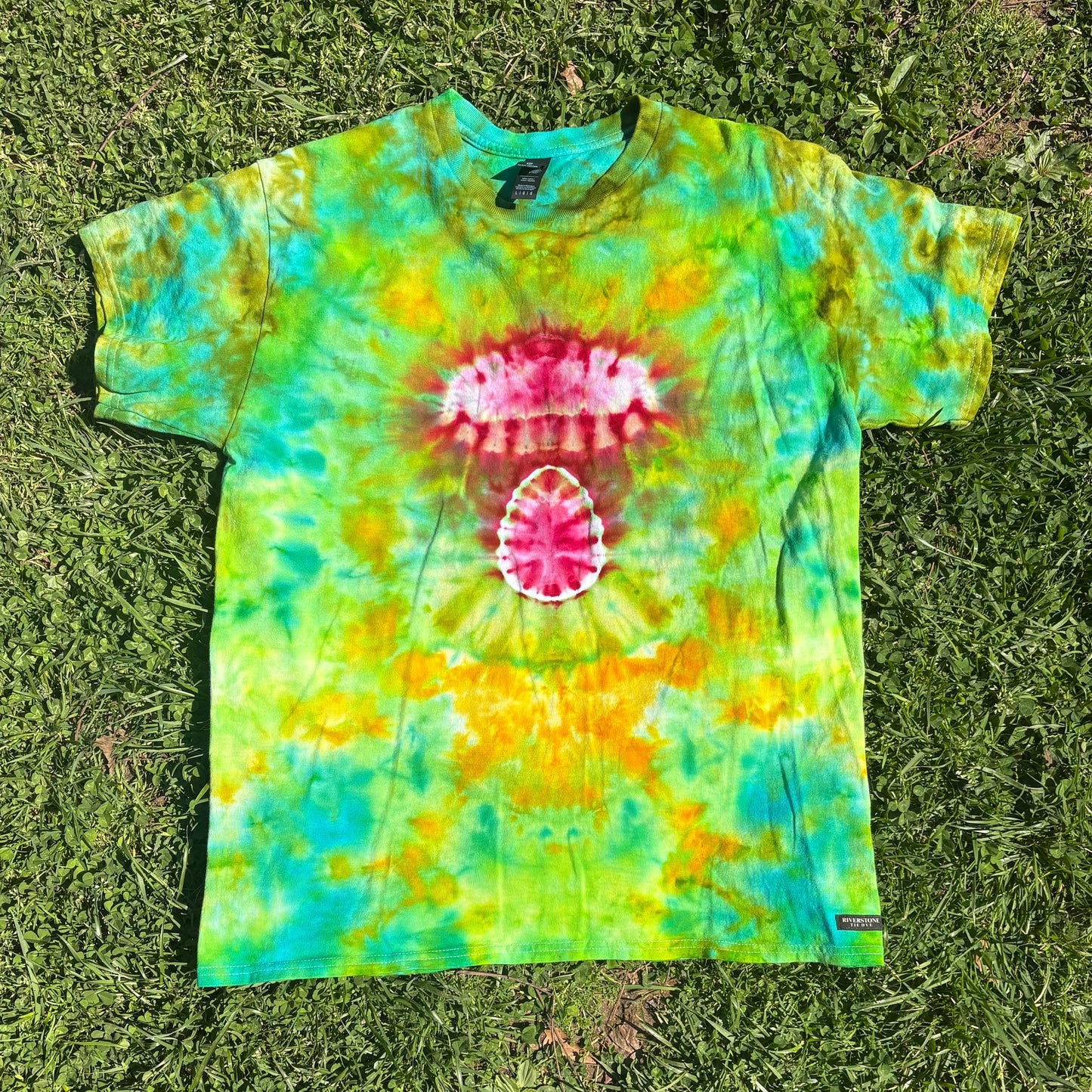 Unisex Green and Pink Hand-Dyed Tie Dye T-shirt - 100% Cotton - L