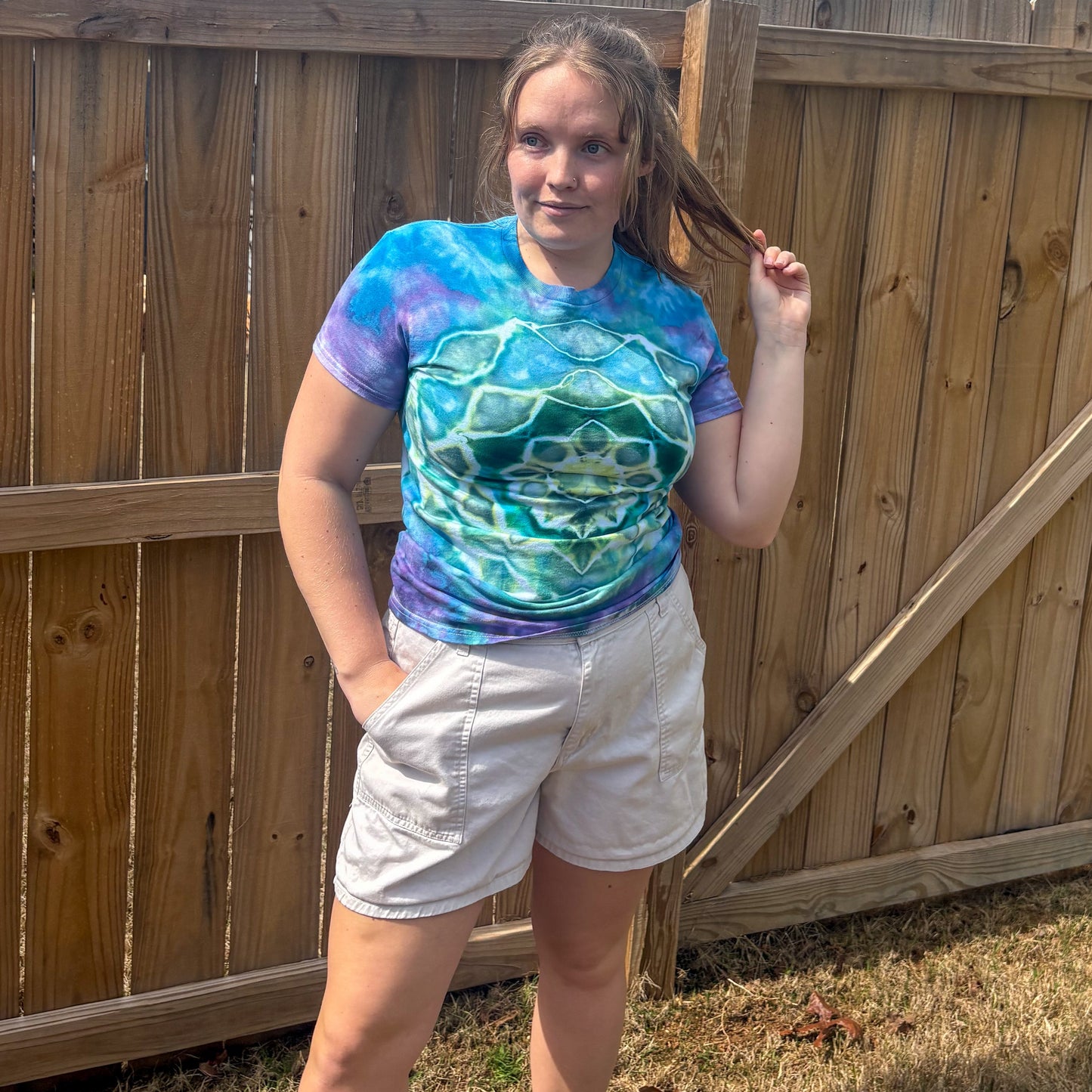 Unisex Blue, Green, and Purple Hand-Dyed Tie Dye T-shirt - 100% Cotton - S