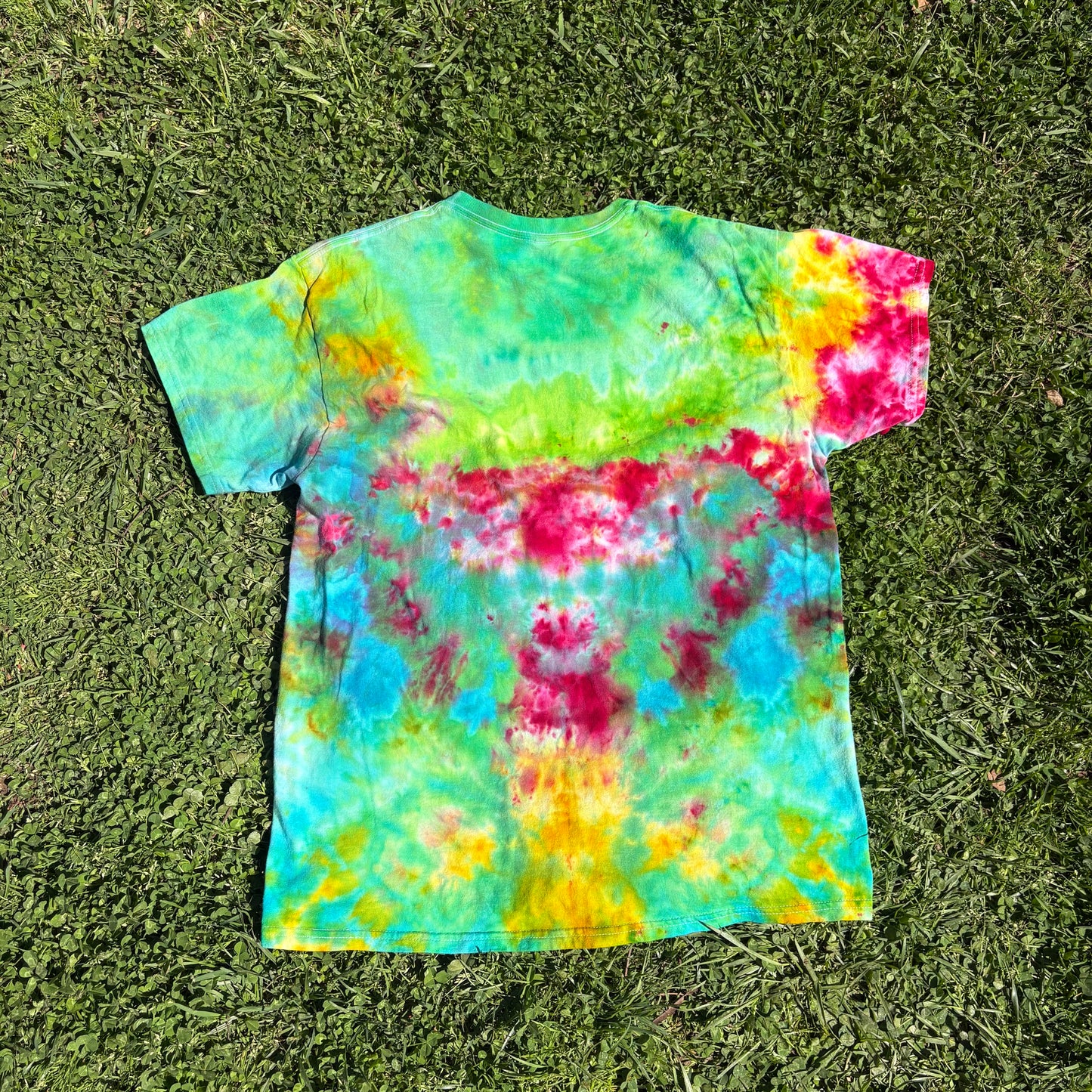 Unisex Green, Yellow, and Pink Hand-Dyed Tie Dye T-shirt - 100% Cotton