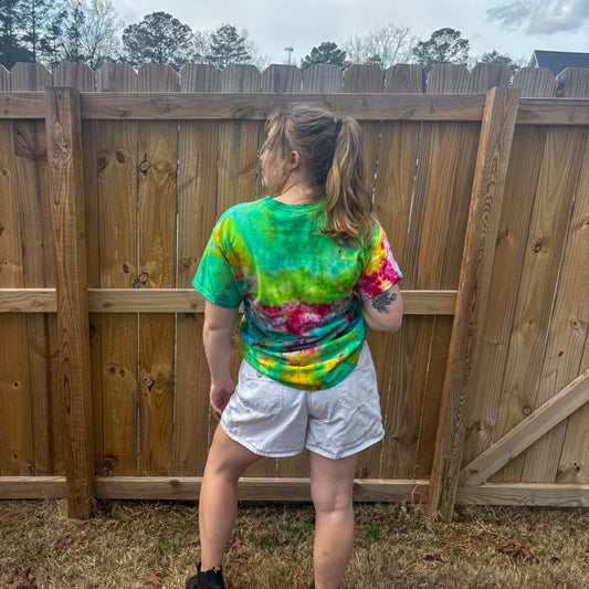 Unisex Green, Yellow, and Pink Hand-Dyed Tie Dye T-shirt - 100% Cotton