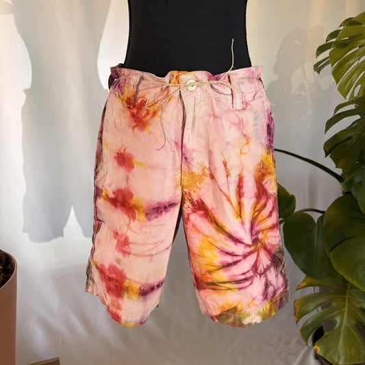 red orange tie dye khaki shorts