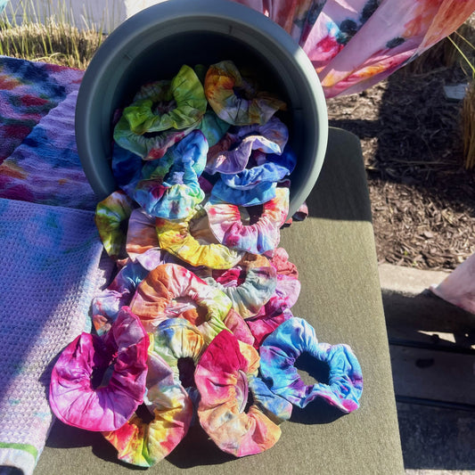 Variety of colorful tie dye scrunchies