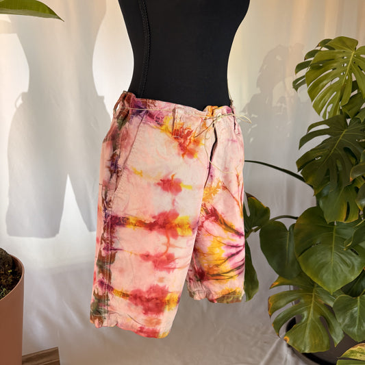 red yellow tie dye khaki shorts