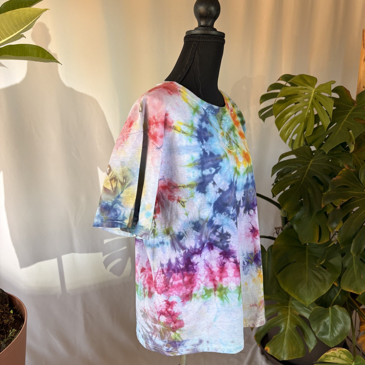 Rainbow Tie-dye shirt on a mannequin with plants in the background