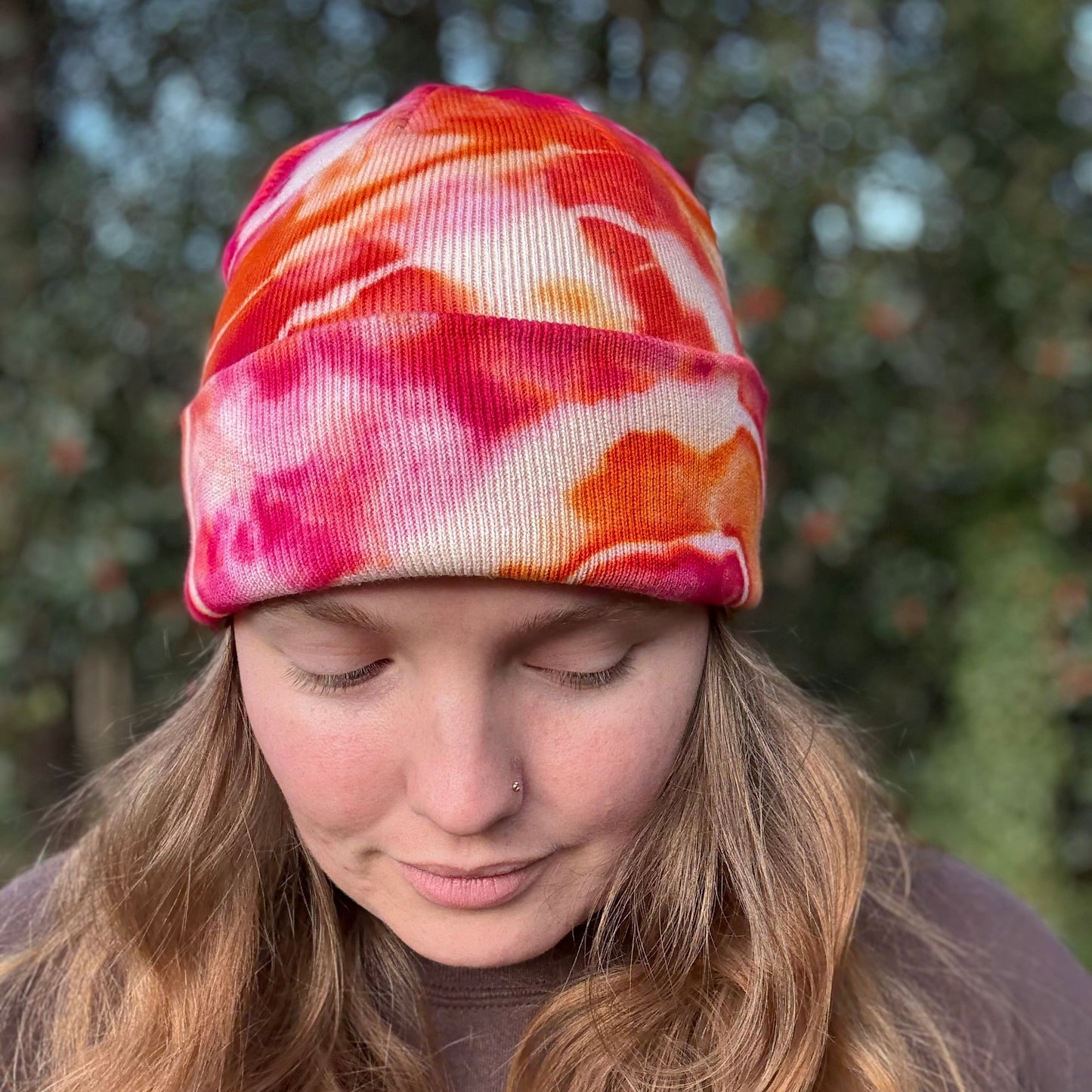 Red Orange Pink Hand-Dyed Beanie