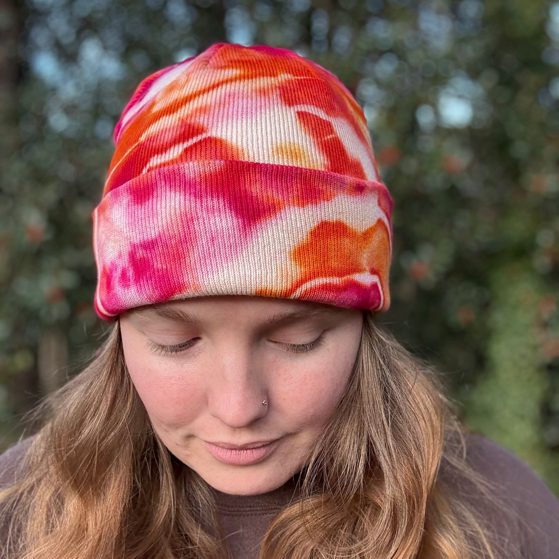 Red Orange Pink Hand-Dyed Beanie