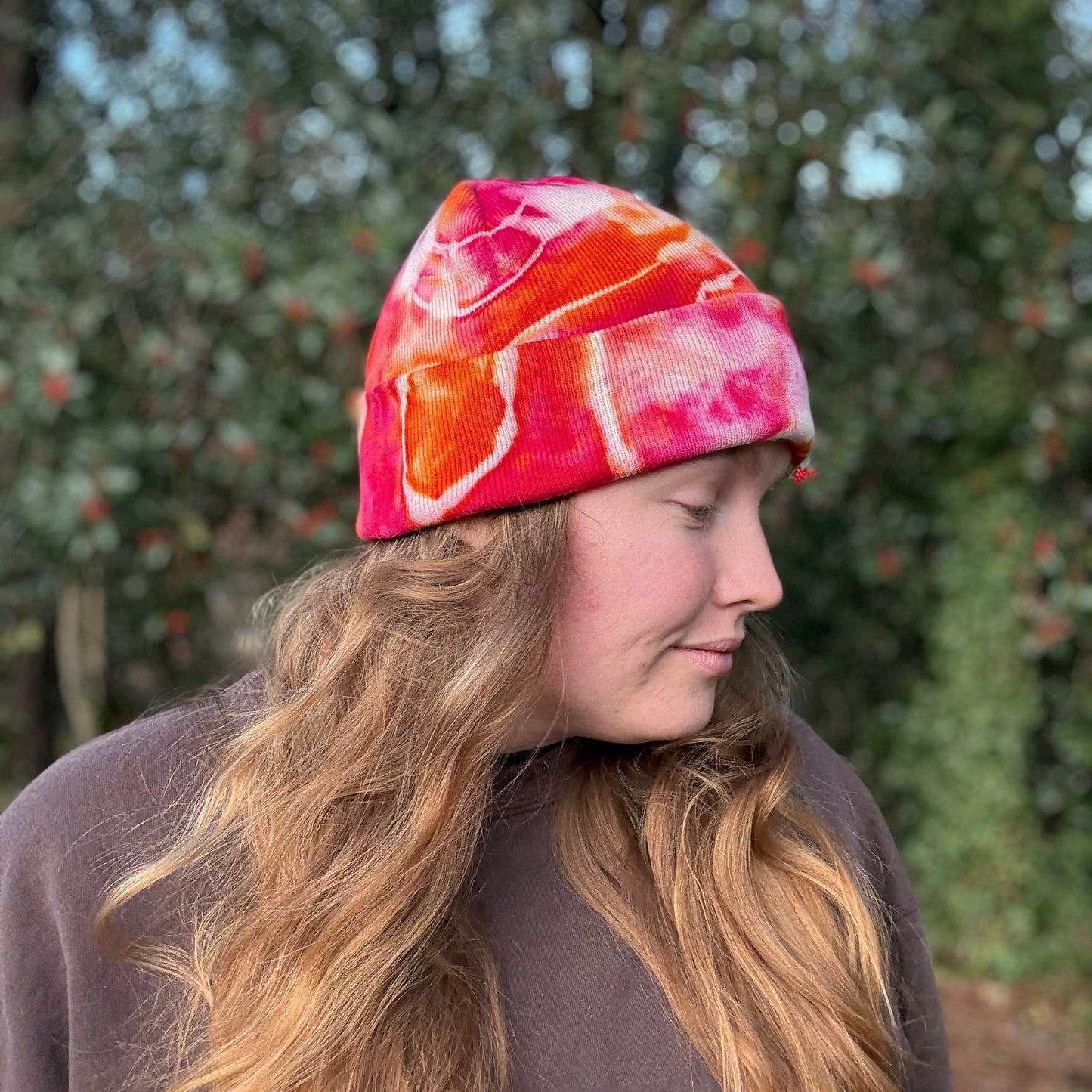 Red Pink Orange Beanie hand-dyed 