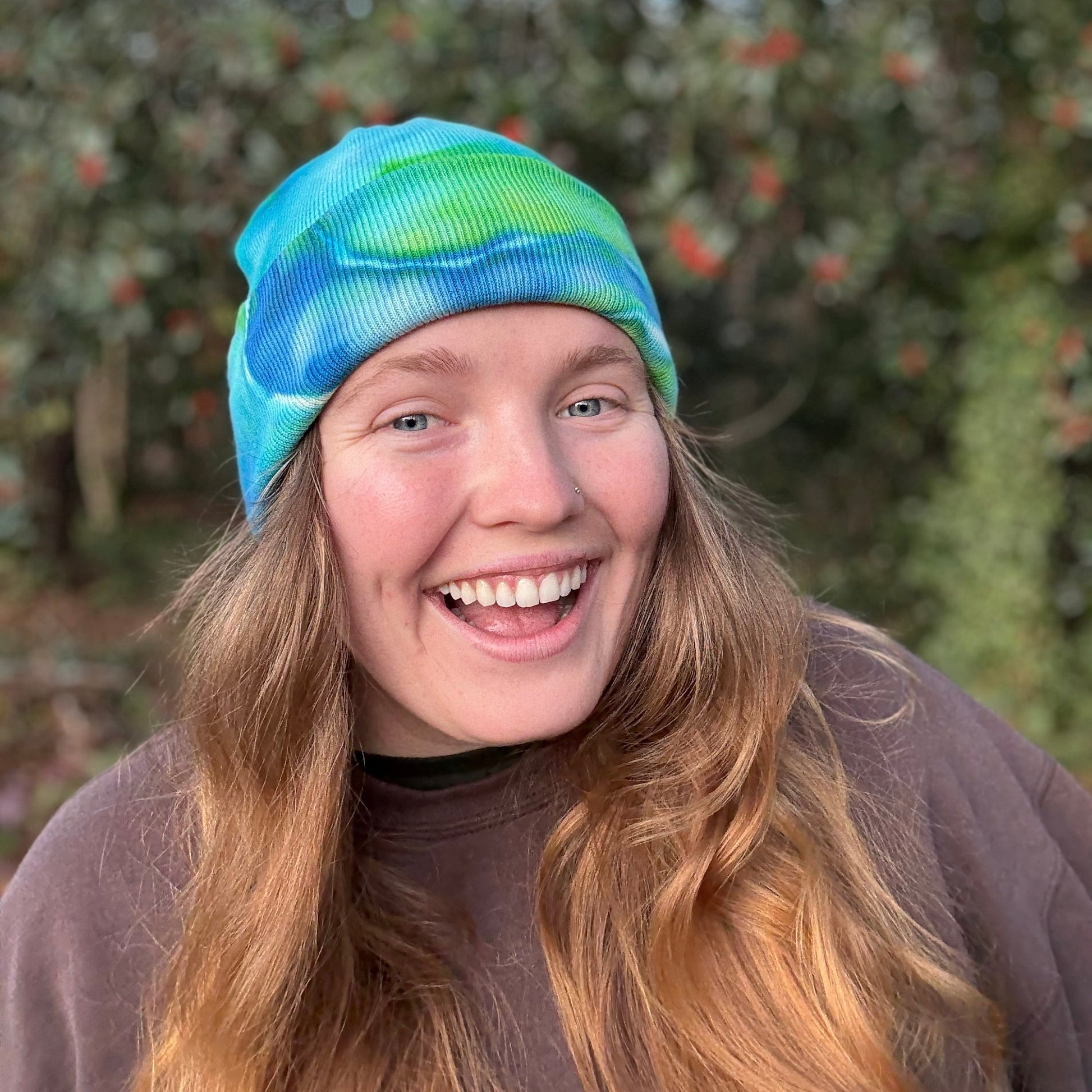 one-of-a-kind blue tie dye beanie handmade