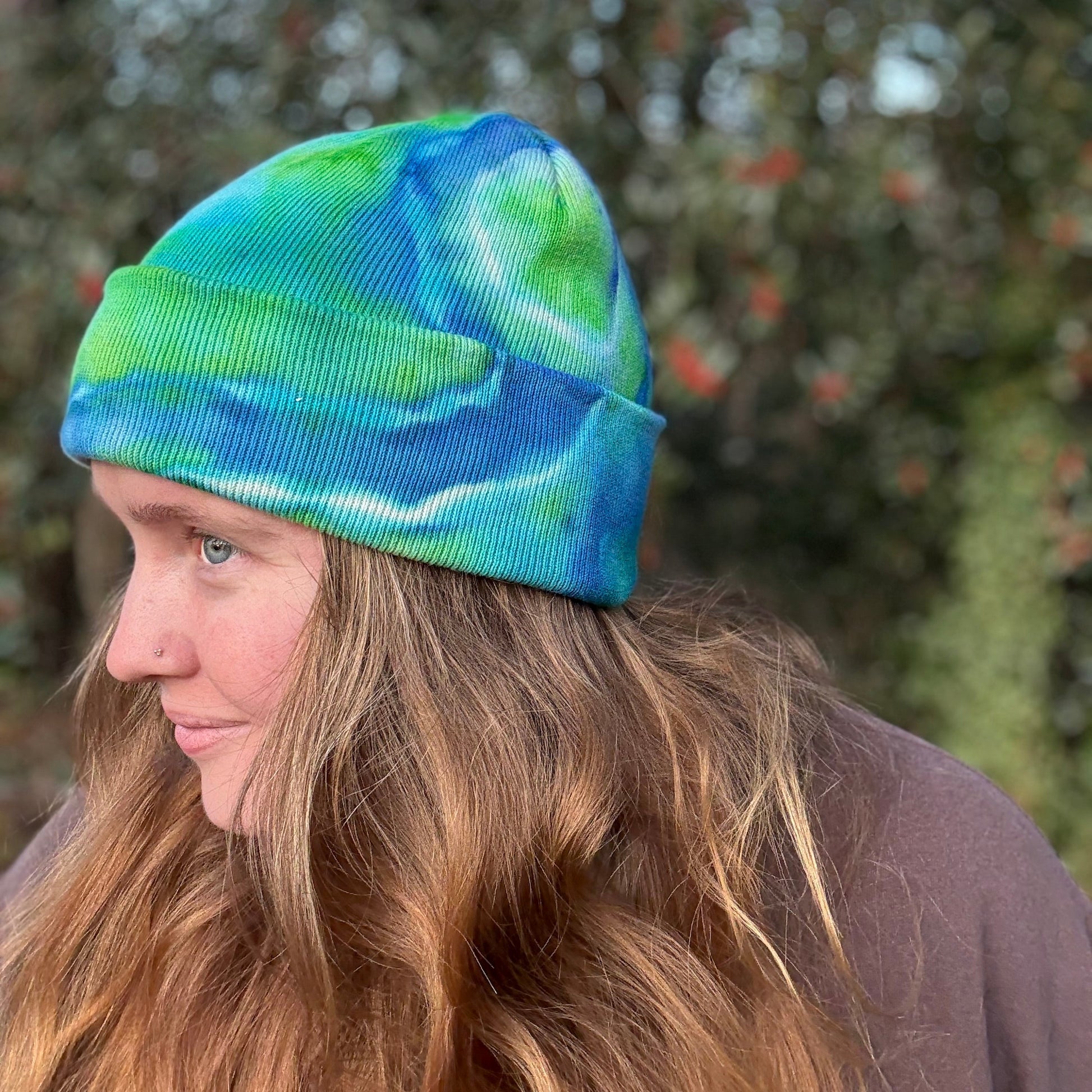 Blue and green tie dye handmade beanie side