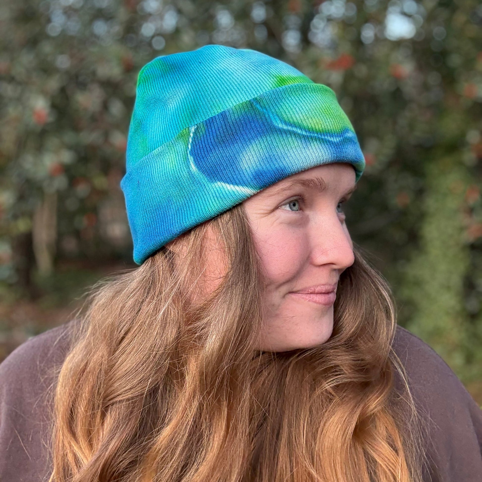 one-of-a-kind blue tie dye beanie handmade side