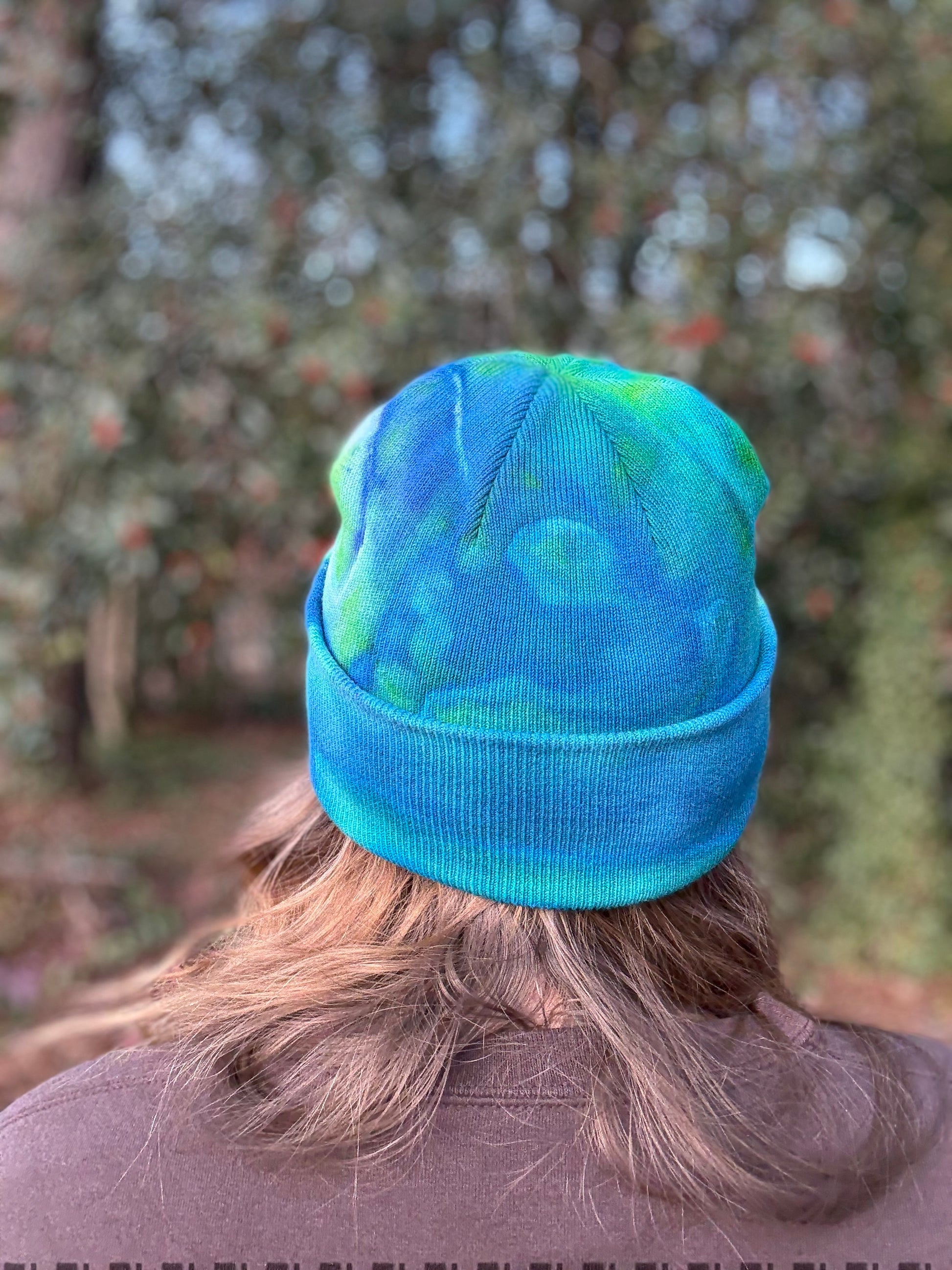 back of blue green lava lamp beanie one-of-a-kind