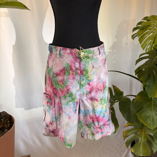 pink green khaki shorts tie dye