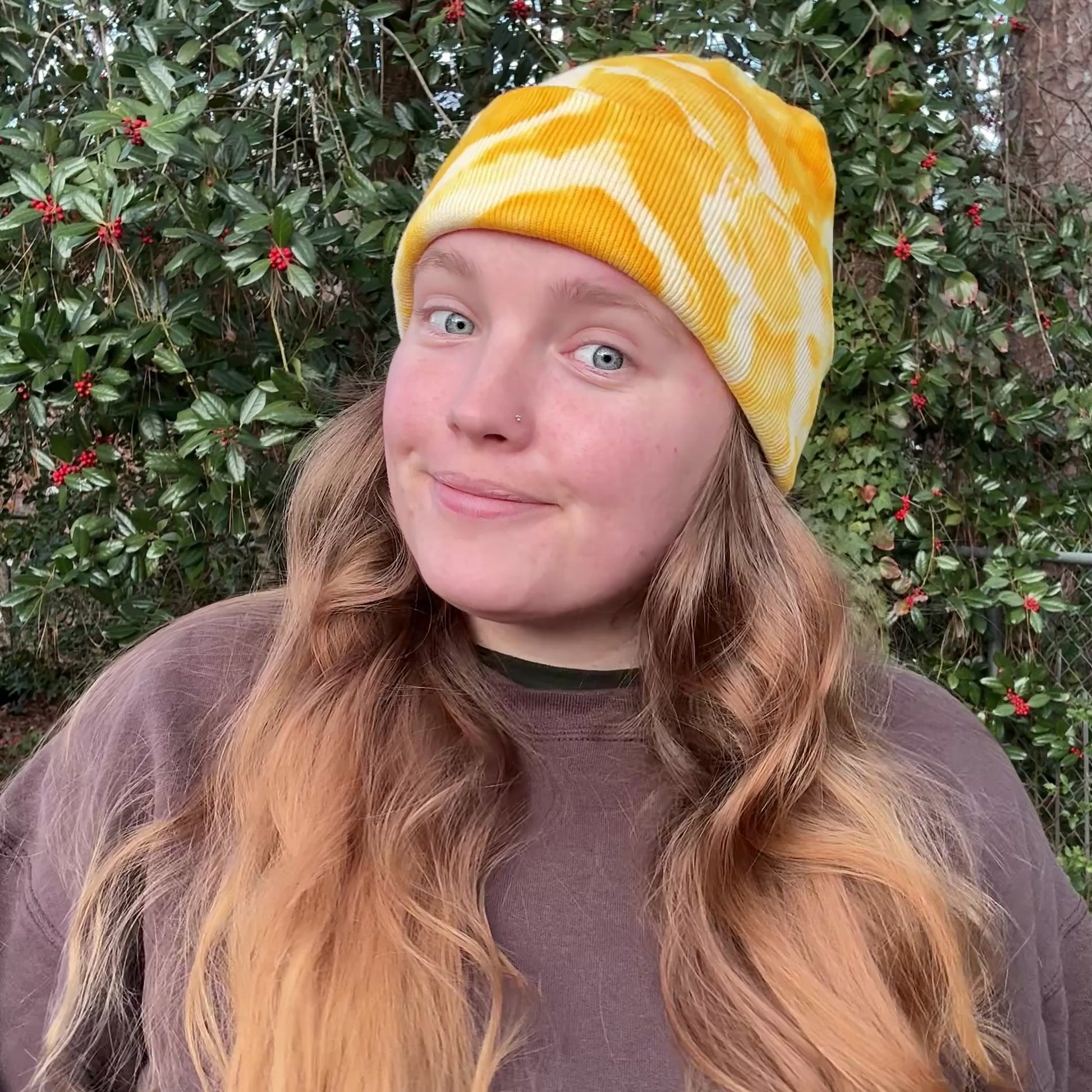 360 of yellow tie dye beanie